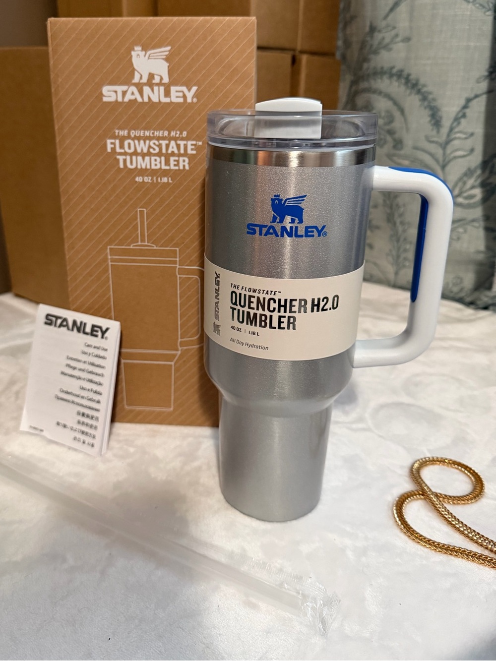 40oz Stanley tumbler cup Silver with Blue